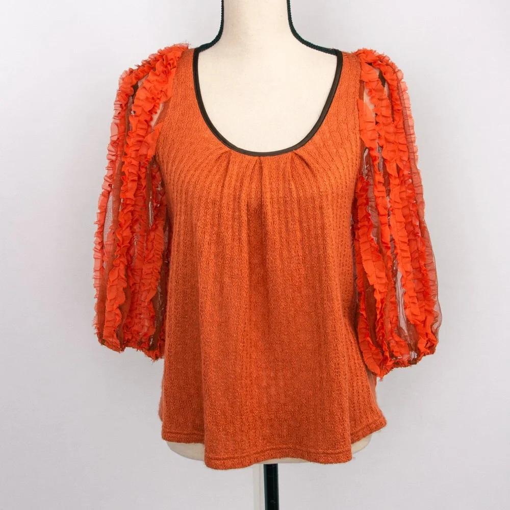 Boho sheer cutout balloon sleeve top 3/4 length sleeve rust orange Ryu S fall - Picture 9 of 10